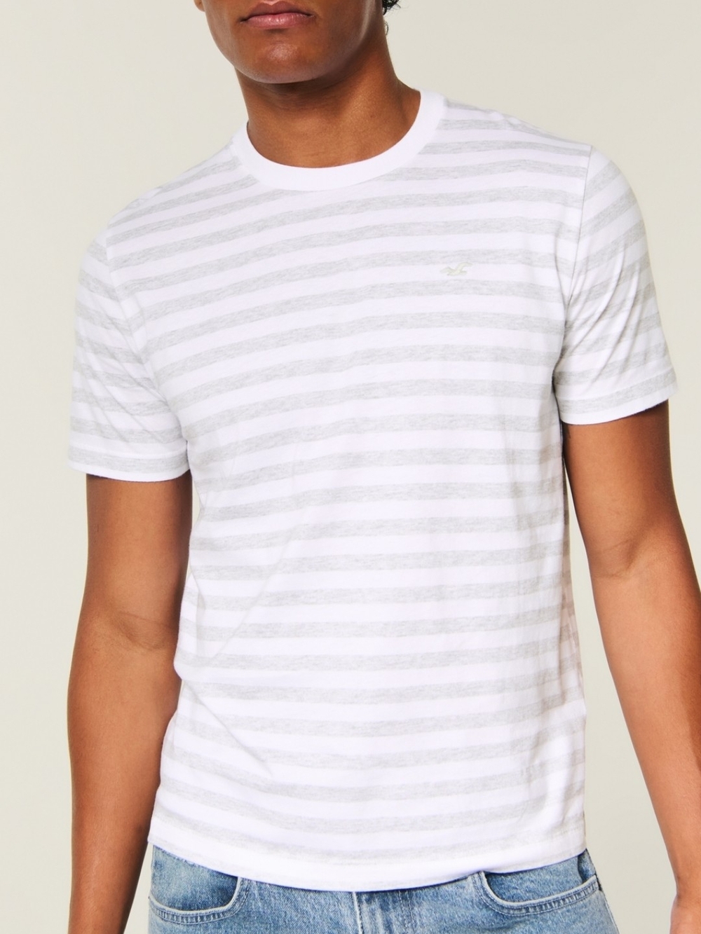 Hollister Men's Short Sleeve Crew Tee in White and Light Gray Stripes